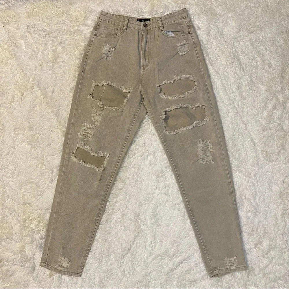 Missguided Tan Distressed Riot High Rise Mom Jeans. Size US 6.